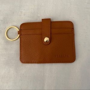 Brown leather credit card case keychain wallet NEW